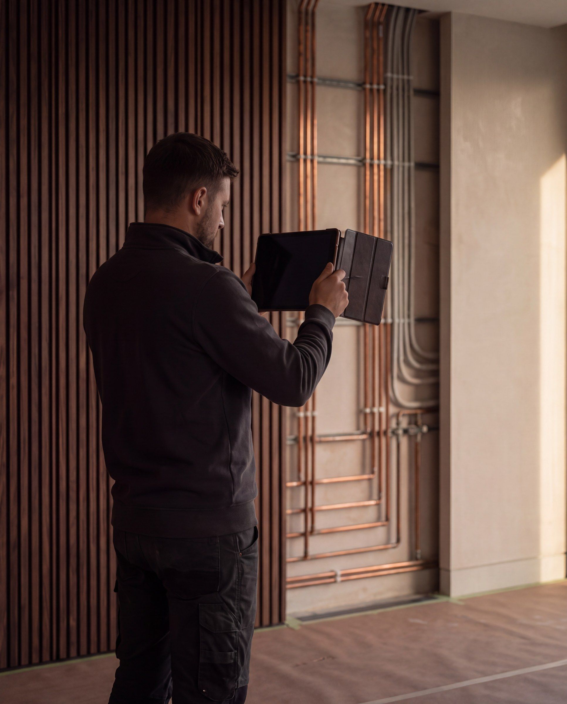 Technicus in donkere werkkleding houdt een tablet voor een wand met koperen leidingen en grijze kabelbuizen, naast een wand van walnoten latten