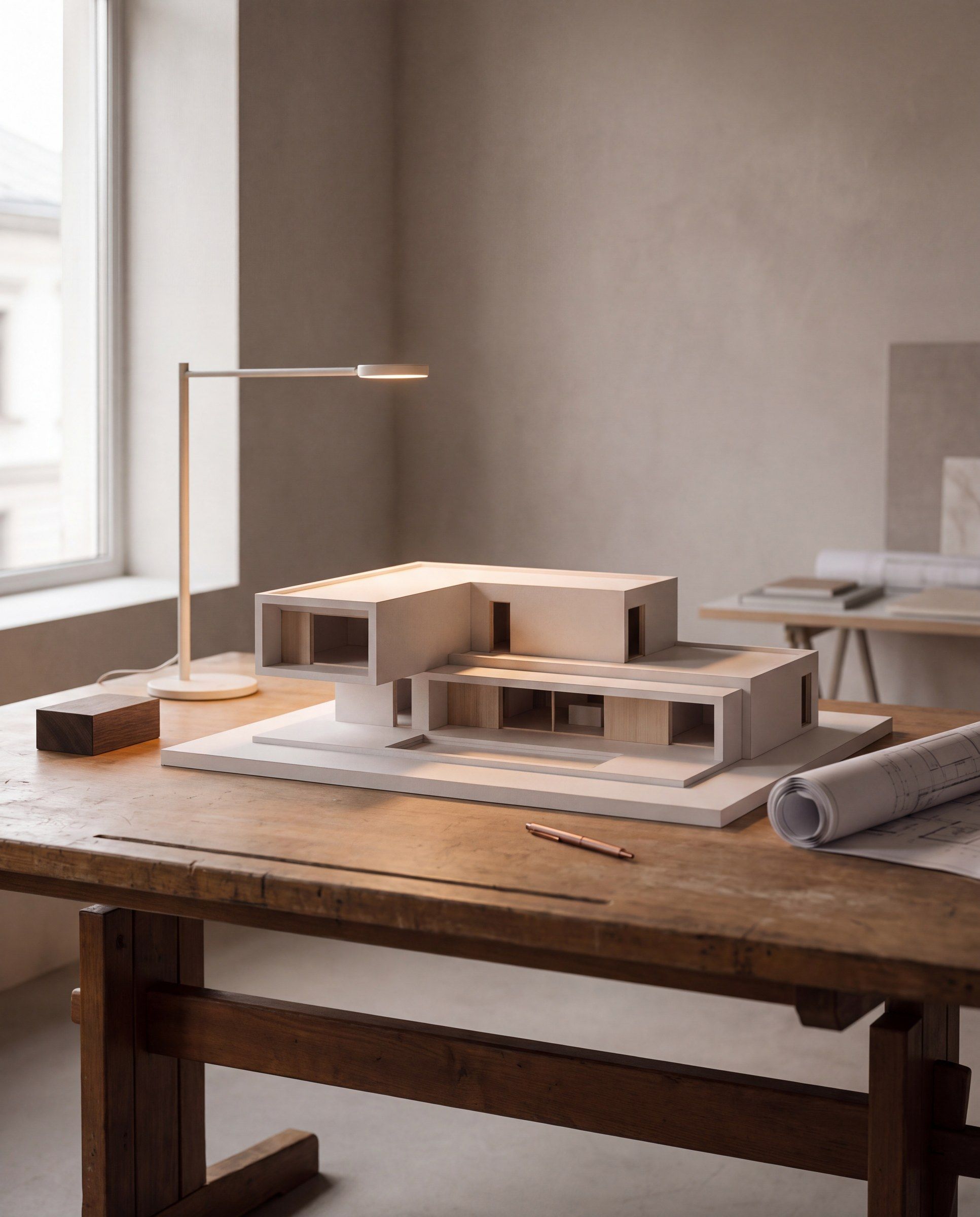 Wit kartonnen maquette van een moderne woning op een houten werktafel, met een opgerold bouwplan, een koperkleurige pen en een bureaulamp bij een raam