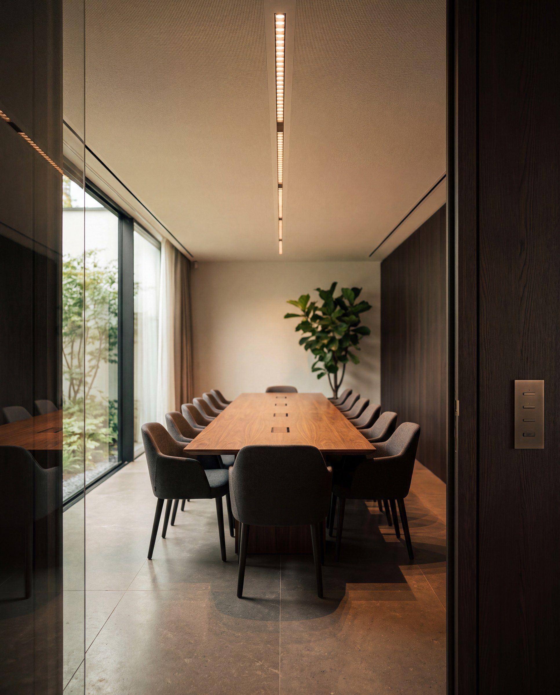 Vergaderzaal met een lange walnoten tafel, grijze stoelen, een vijgenbladplant en een ledlijn in een akoestisch plafond, naast een glazen wand met binnentuin
